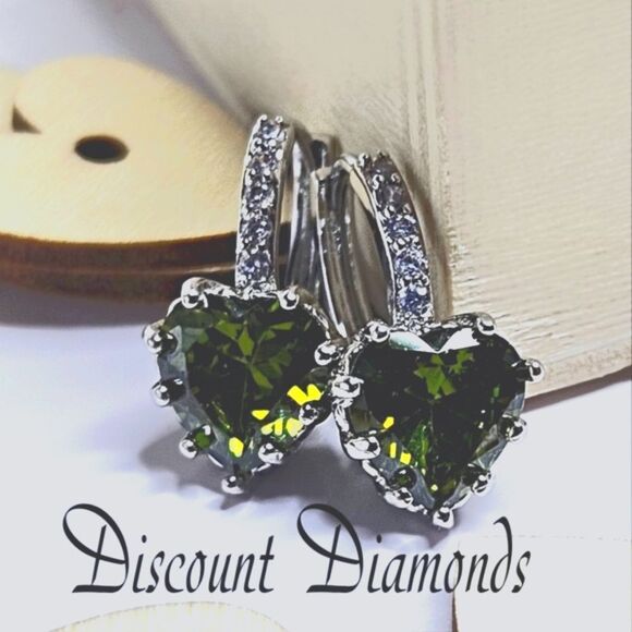 Green Peridot Dangle Earrings & White Baguette Diamonds on 925 Silver - Picture 2 of 6